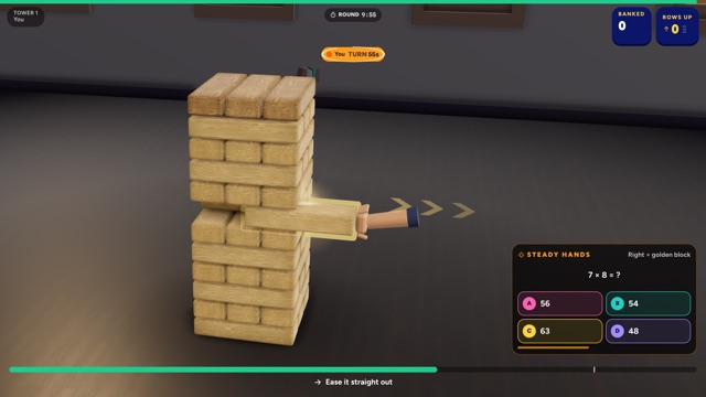 Tumble Tower mini-game in play on Qwiz Rush